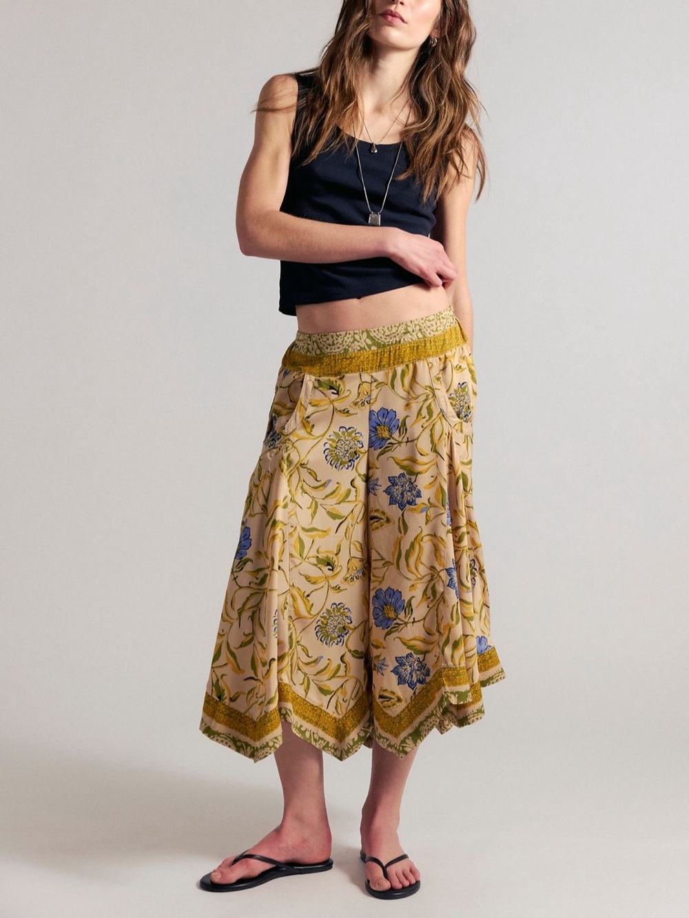 Free People Floral Wide-Leg Bermuda Shorts in Mustard and Blue